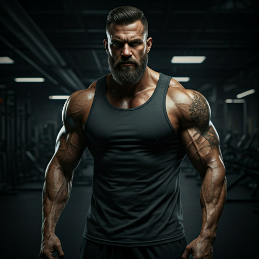 Editorial style portrait of Marcus Vega, a rugged fitness trainer in a dark, atmospheric underground gym setting. Dramatic high-contrast lighting highlighting his physique and intense expression. Brutal-luxe aesthetic with deep blacks and subtle gold highlights, embodying raw power.
